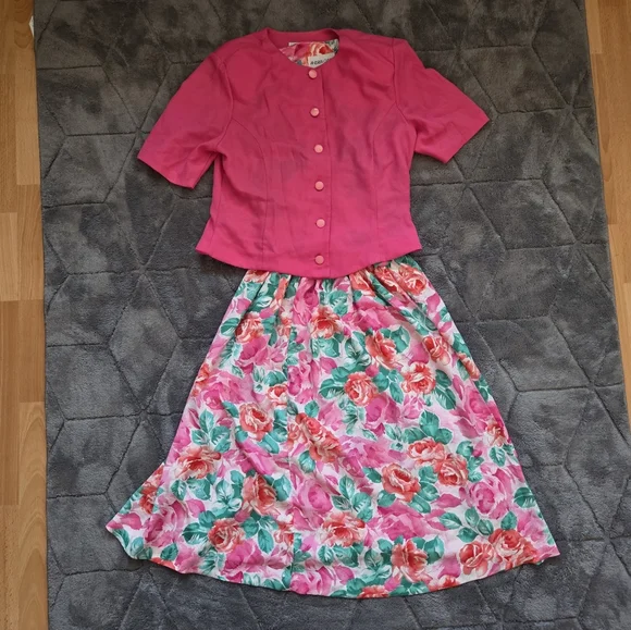 Andrea Gayle VTG 80s Floral Dress & Pink Blazer Jacket Cottage Retro Spring 10 - Picture 6 of 7